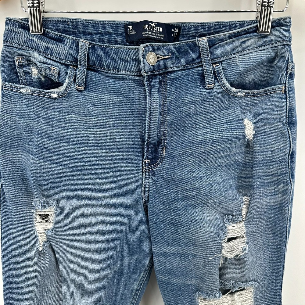 Hollister Jeans Womens 7 Blue Distressed High Rise Slim Straight Vintage Stretch
